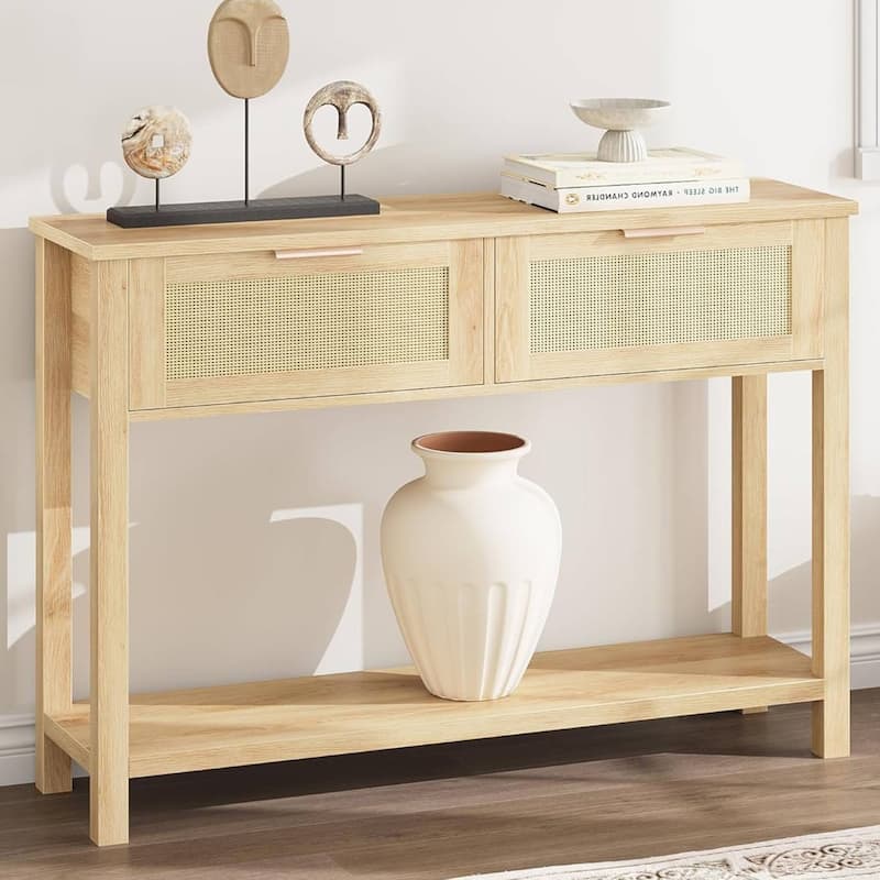 Entryway Table, Console Table with 2 Rattan Drawers - Beige