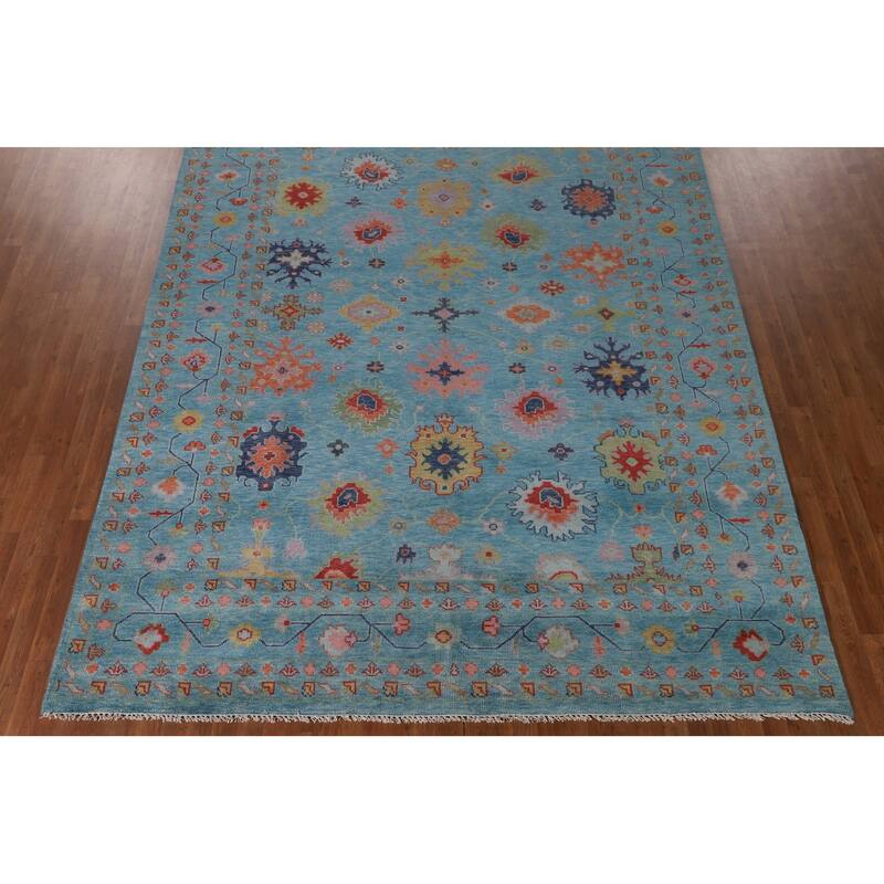 All-Over Blue Oushak Oriental Area Rug Hand-Knotted Wool Carpet - 9'0" x 11'11"