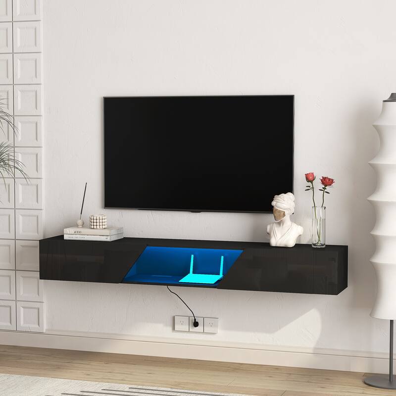 Floating TV Stand Wall Mounted with 16 Color LEDs, 69" Modern TV Stand with Cable Management & Open Storage Compartment