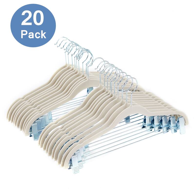 Javlergo 20-Pack Velvet Clothes Hangers, 16.5in Heavy-Duty Hangers with Adjustable Clips, Non-Slip, Space-Saving - Beige