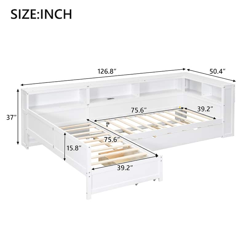 L-Shaped Wooden Twin Bed With Pull-Out Trundle & Built-In Storage Drawer‌