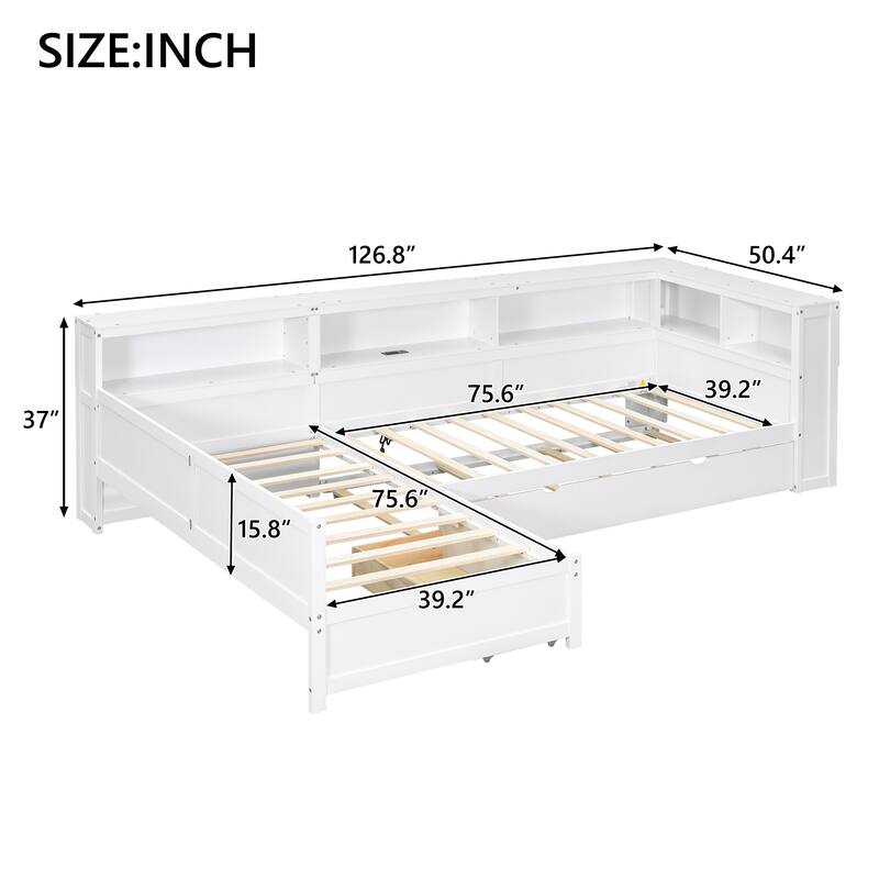 Twin Size L-shaped Platform Bed with Trundle, Drawer, and Charging Station, White