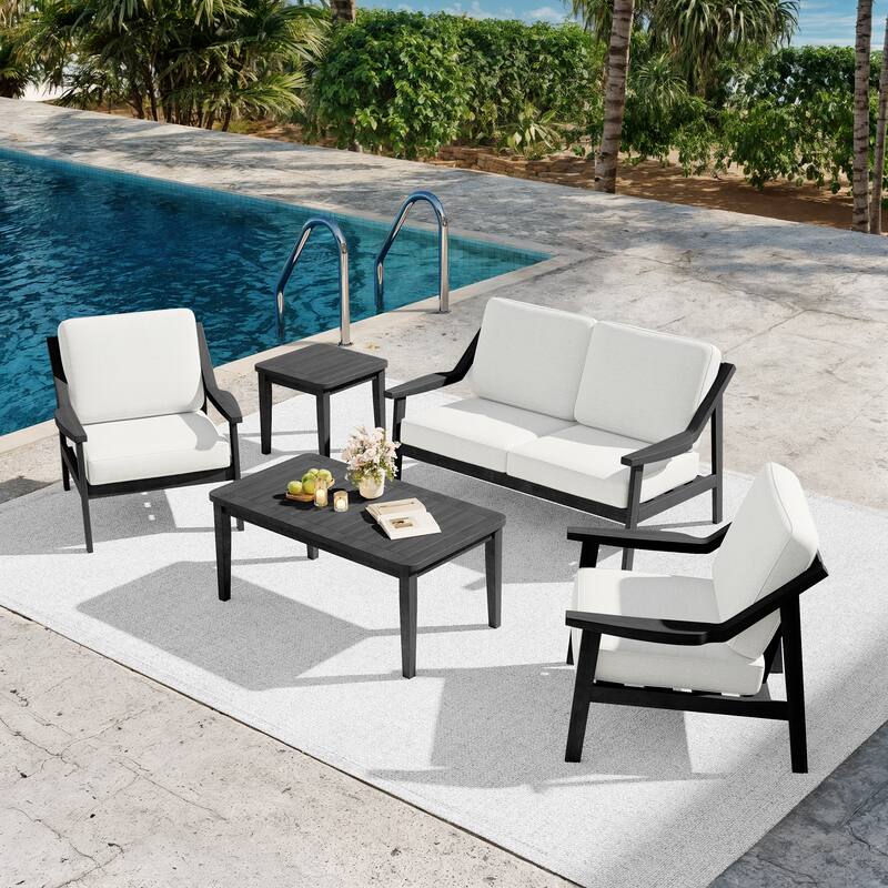 5-piece Adirondack Patio Teak Lounge Chairs Loveseat Conversation Set - BlackFrame-Beige