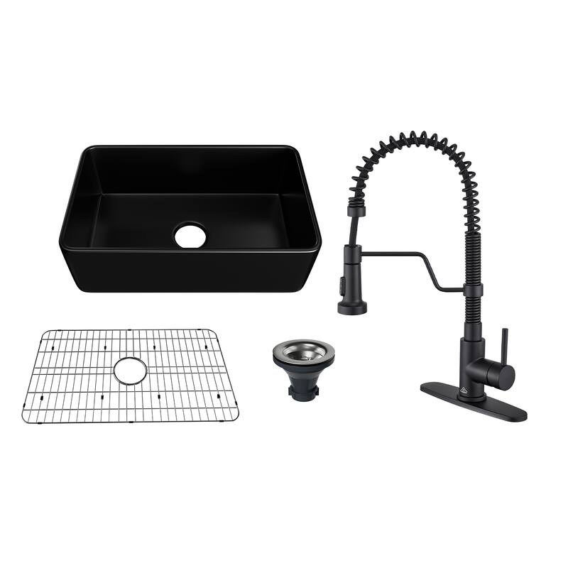Farmhouse/Apron-Front Single Bowl Fireclay Kitchen Sink with 3-Function Pull-Down Faucet, Bottom Grid, and Basket Strainer - 30" Matte Black Sink + 3-Function Pull-Down Faucet - 30 x 18 x 10