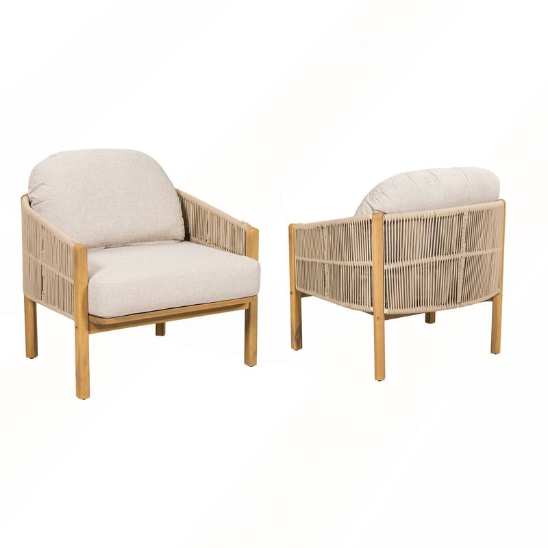 Outdoor Wood Club Chair with Beige Cushion Set of 2