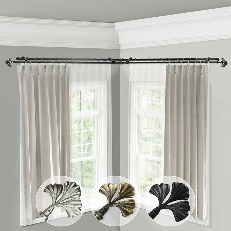 Corner Window Curtain Rod Double, Adjustable Black Rod Set 48-84 Inch, Drapery Rod for Layered Curtains - 84