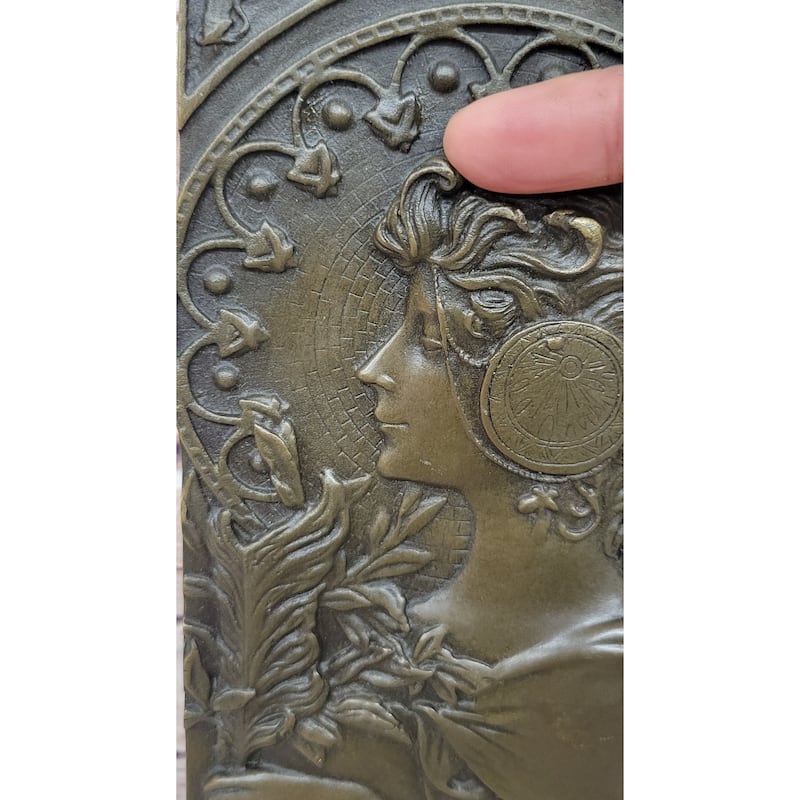 Art Noveau Girl Portrait Bas Relief Bronze Sculpture Carving Hanging Art 9.5 Inches X 4 Inches