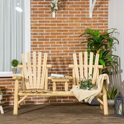 2-Seat Wooden Adirondack Chair, Patio Bench with Table, Outdoor Loveseat Fire Pit Chair