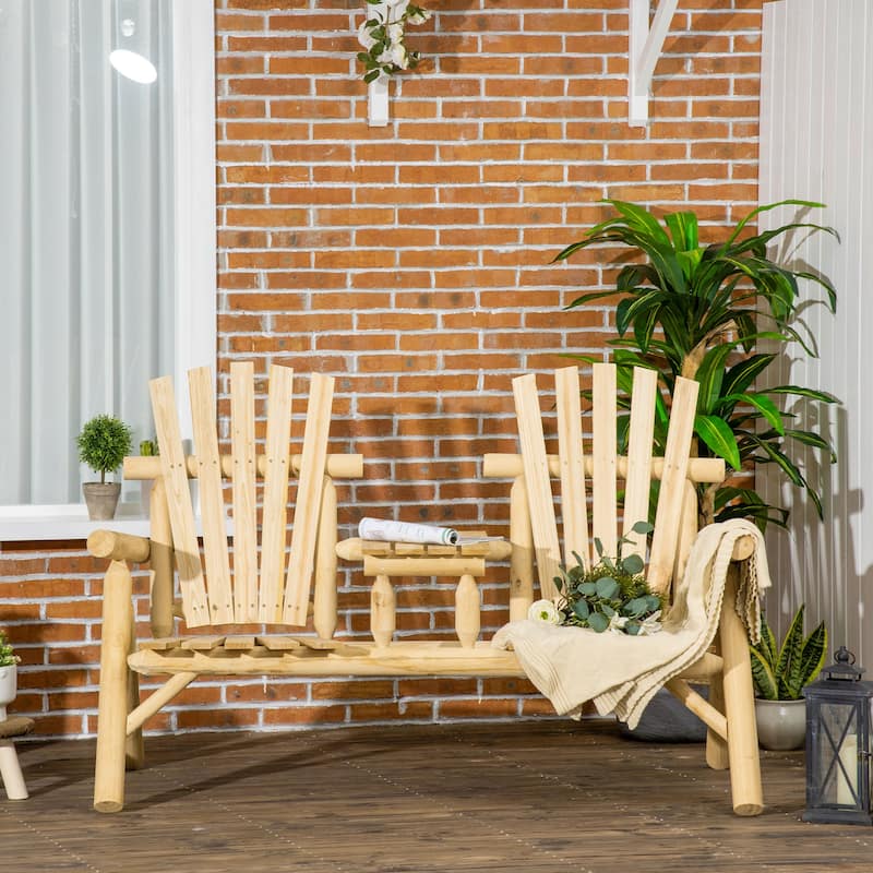 Outsunny 2-Seat Wooden Adirondack Chair, Patio Bench With Table, Outdoor Loveseat Fire Pit Chair For Porch, Backyard, Deck
