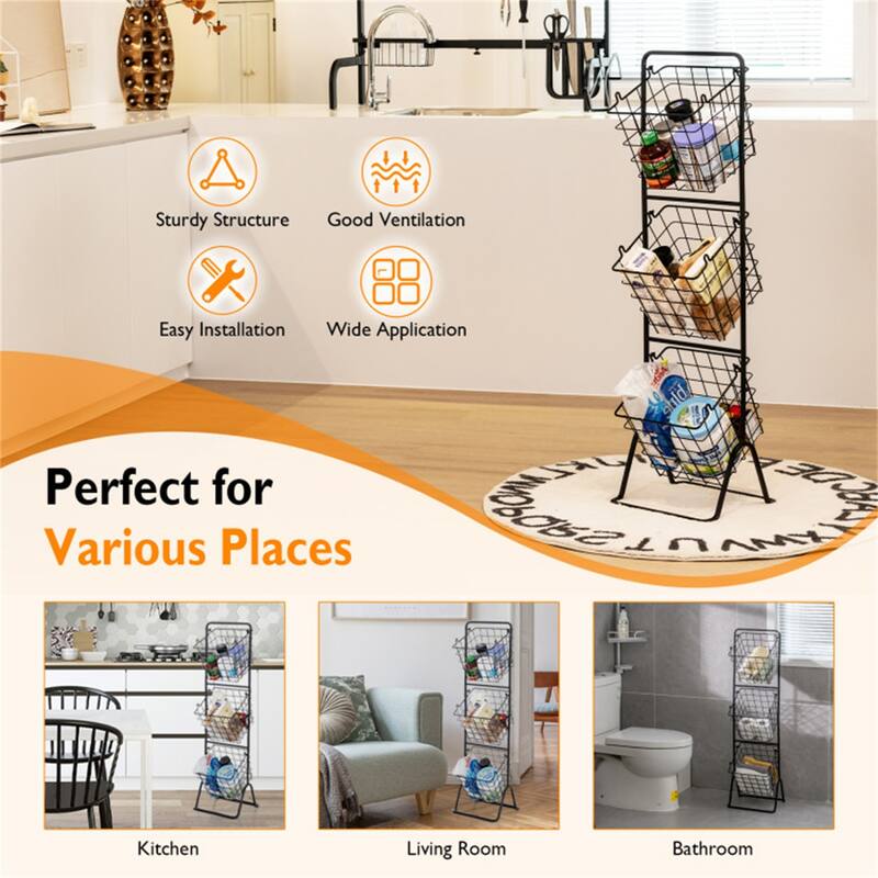 3-Tier Black Steel Kitchen Counter Fruit Basket Stand with Removable Wire Baskets - 12" x 11" x 42.5"(L x W x H)