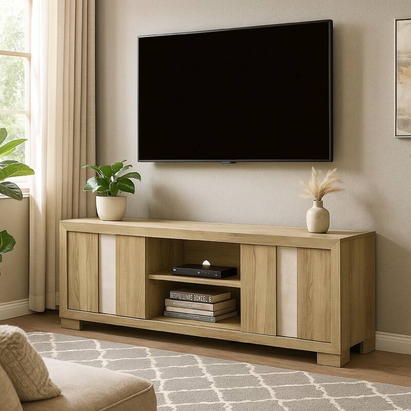 Amey TV Stand Media Cabinet, 2 Sliding Door, Shelves, Brown Driftwood