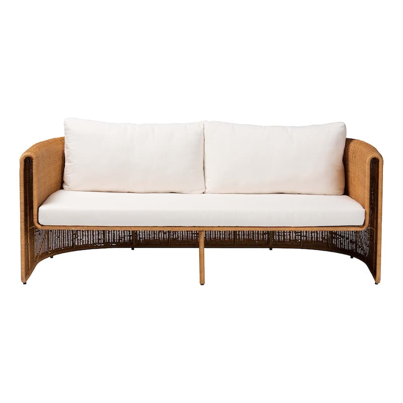 Carina Natural Rattan Sofa with Cushion - Handwoven 3-Seater Couch with U-Shaped Sculptural Frame and Deep Seating