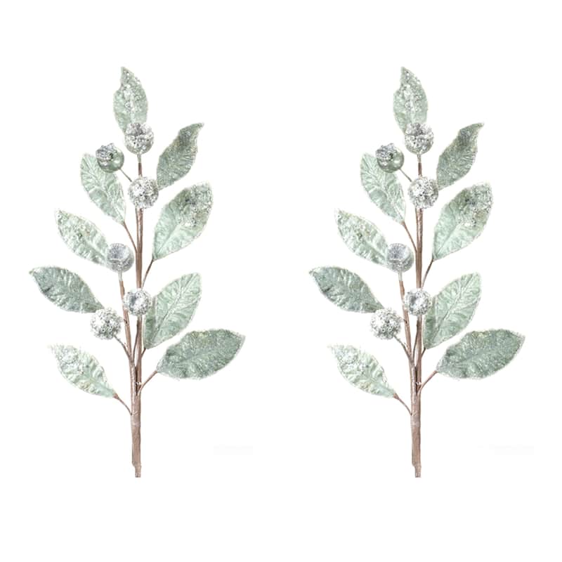 Glittered Pod Leaf Spray (Set of 2) - Green