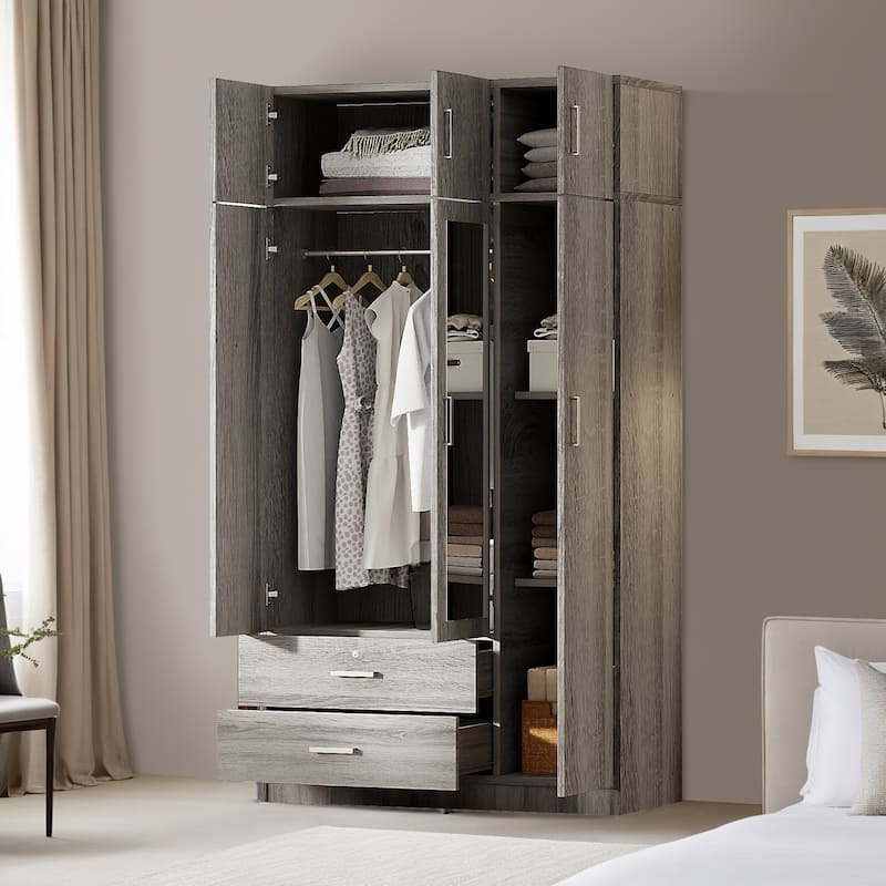 3-Door Mirror Wardrobe with 2 Drawers and Top Cabinet - Grey