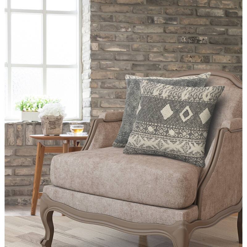 20" Gray and White Rustic Tufted Square Throw Pillow