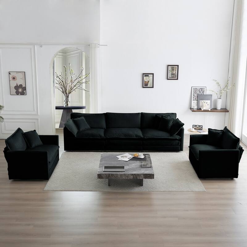 5-Seat Chenille Sofa Set with Round Arms (3+2 Seater) - Black
