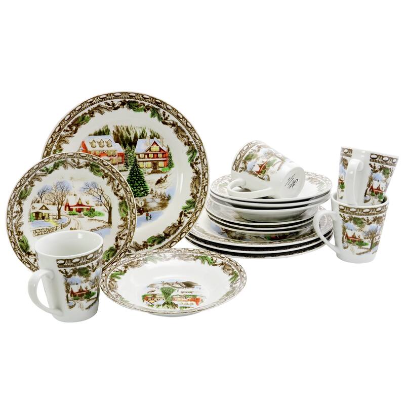 Christmas Time Winter Cabin Dinnerware Set 16 Pieces