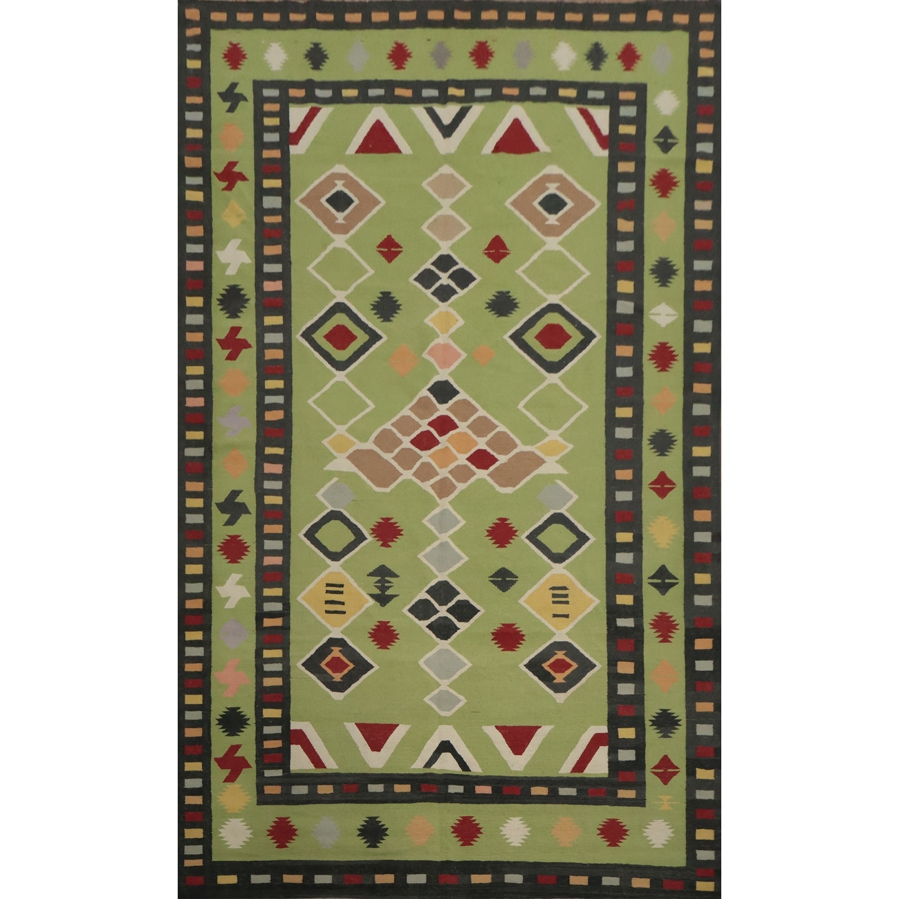 Hand Woven Oriental 100% Wool Carpet Southwestern Tribal Green Kilim Area Rug - 13' 2'' X 8' 7''