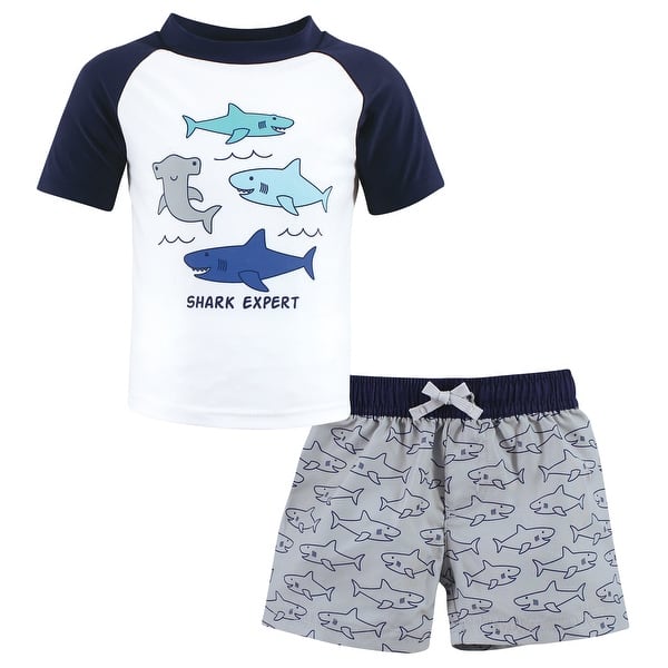 slide 1 of 1, Hudson Baby Boys Swim Rashguard Set, Shark Expert Shark Expert - 2T