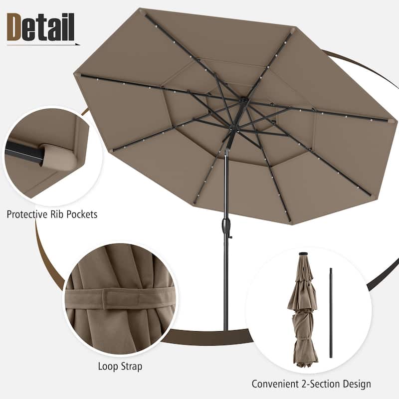 Gymax 10 FT Solar Patio Umbrella w/ 32 LED Lights 3-Tier Vented Top