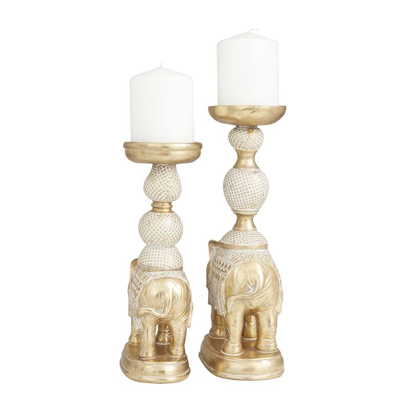 Polystone Elephant Candle Holder with White Wash Finish - Set of 2 - Roche River Decor