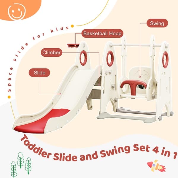 slide 2 of 14, 4 in 1 Toddler Slide and Swing Set, Kids Playground Climber Slide Playset with Basketball Hoop Beige+Red