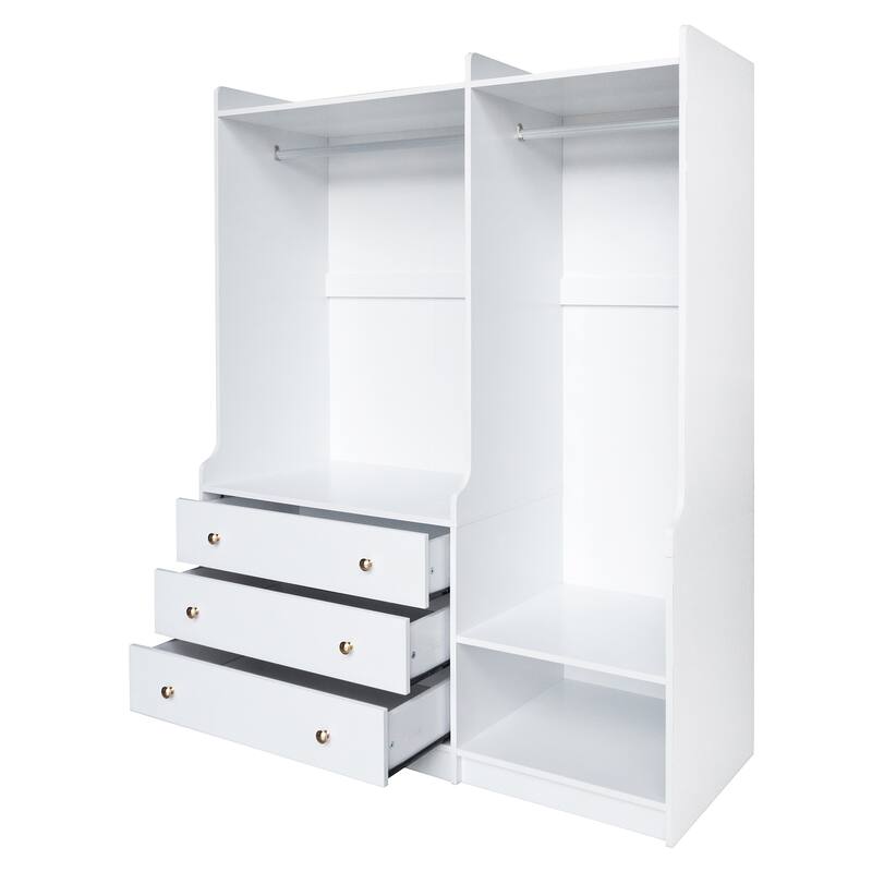 Wooden Open Wardrobe Storage Clothes Storage Cabinet with Dual Hanging Rods and Five Shelves Armoire for Bedroom