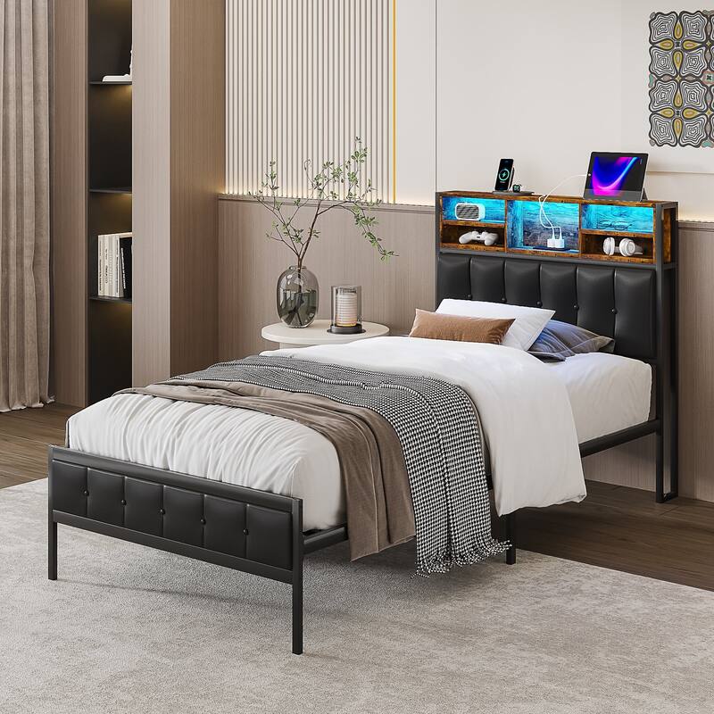Javlergo Upholstered Platform Bed Frame with LED Lights and Storage Headboard, LED Bed Frame with Outlets and USB Ports
