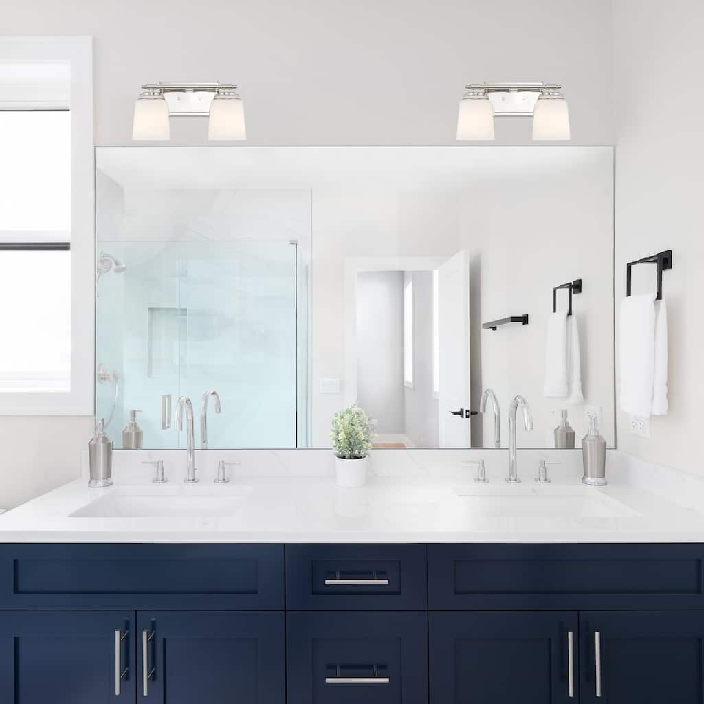 Stella 14.25 in. 2-Light Polished Nickel Modern Vanity Light with Etched Opal Glass Shades