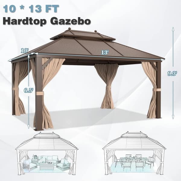 dimension image slide 18 of 17, Outdoor Hardtop Gazebo Pergola w Galvanized Steel Roof and Aluminum Frame, Prime Curtains and nettings include