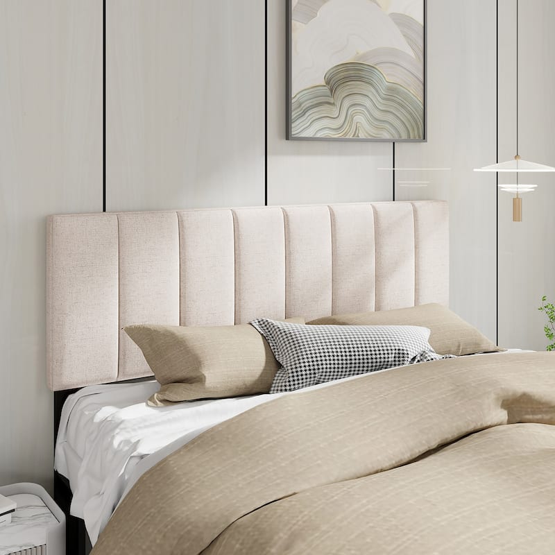 Gymax Linen Upholstered Headboard Vertical Channel Tufted Wood Leg for