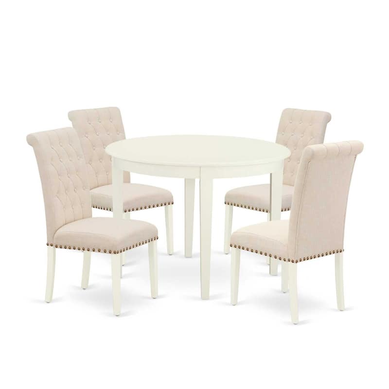 HomeStock 5-Pc Linen white Solid Wood Top - Round Dining Room Set - Seats 4