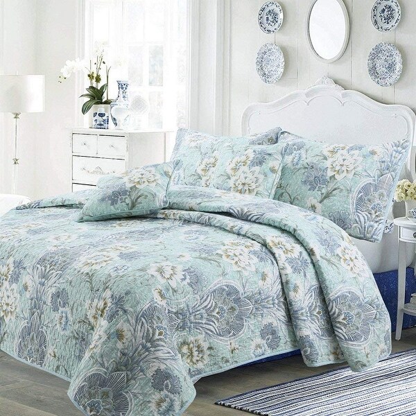 Cozy Line Jasmine Floral 3-piece Reversible Cotton Quilt Set. Opens flyout.