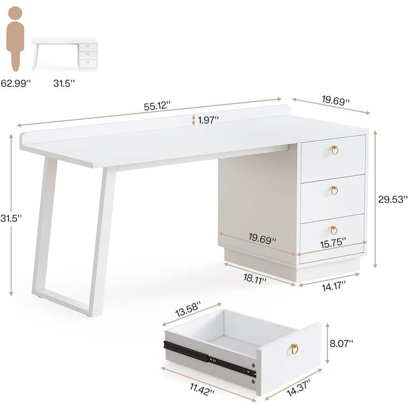 55 Inches Modern White Computer Desk with Drawers