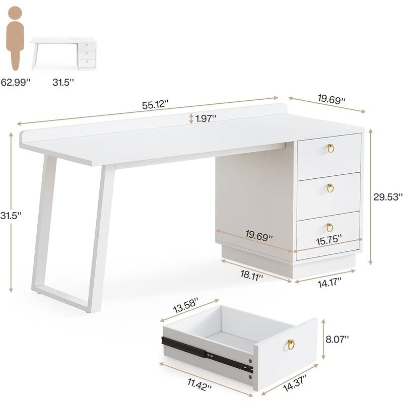 White Computer Desk with Drawers, 55 Inches Modern Study Writing Table for Home Office