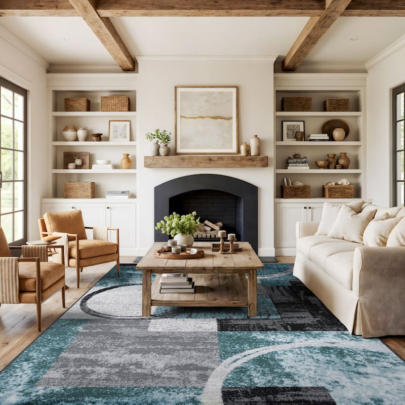 World Rug Gallery Abstract Polypropylene Machine-Made Circle Area Rug - 12' x 15' - Blue/Grey