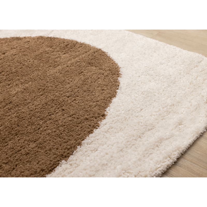 Cream Brown Grey Geometric Stones Soft Shag Area Rug, 5'3" x 7'7"