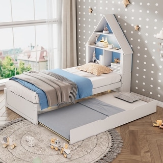 Twin Size House-Shaped Bed with Bookcase Headboard and Led Light and Twin Size Trundle for Kids Boys Girls