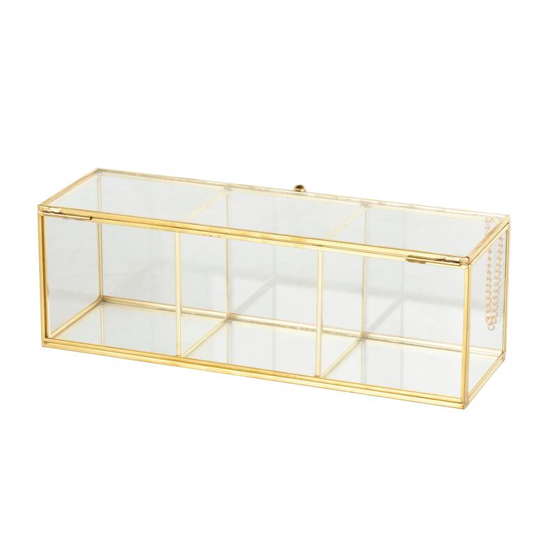 Clear Glass Slim Rectangular 3 Slot Decorative Jewelry Box with Gold Metal Frame and Chain Accent