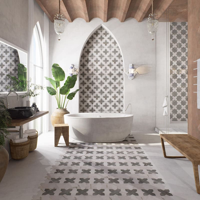 Merola Tile Istanbul Squire Shield Day with Night Cross 6" x 8-3/8" Porcelain Floor and Wall Tile - Case (48 Tiles) - Case (48 Tiles)