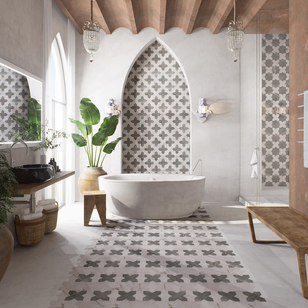 Merola Tile Istanbul Squire Shield Day with Night Cross 6" x 8-3/8" Porcelain Floor and Wall Tile - Case (48 Tiles)