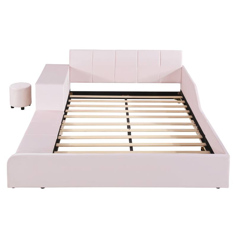 Velvet Upholstered Full Size Mother & Child Bed with Bedside Desk and Stool, Pink
