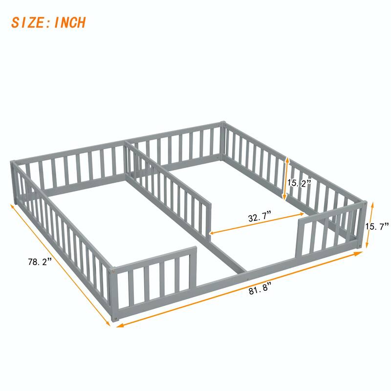 Double Twin Floor Bed with Fence and Guardrails, without door