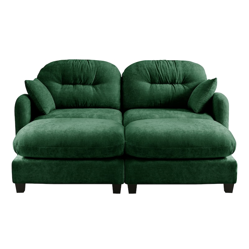 2 Seat Chenille Sofa Round Arms Sectional Sofa, Modern 74" Tufted Back Couch with Ottoman for Lving Room, Small Space