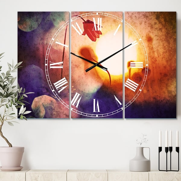 slide 2 of 6, Designart 'Beautiful Blurred Flowers At Sunset' Cottage 3 Panels Oversized Wall CLock - 36 in. wide x 28 in. high - 3 panels