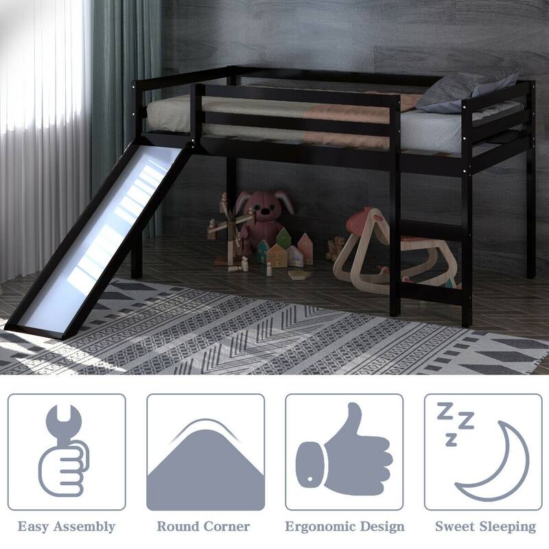 Gymax Twin Size Loft Bed with Slide Wood Low Sturdy Loft Bed for Kids