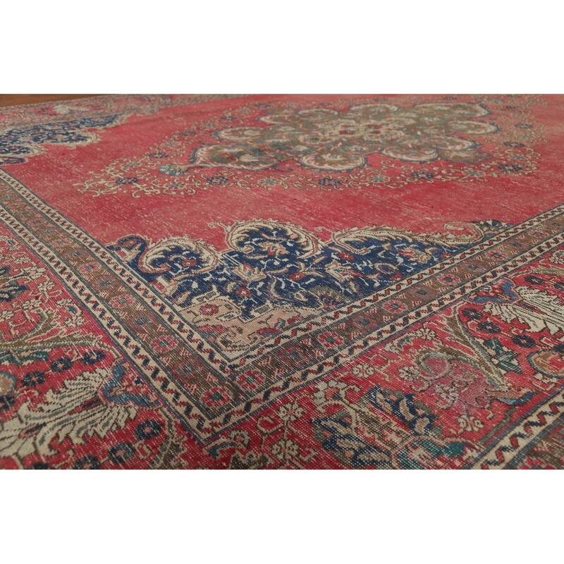 Distressed Tabriz Persian Vintage Rug Hand-Knotted Wool Carpet - 9'6"x 12'10"