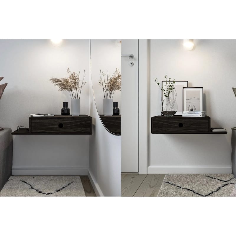 Set of 2 L / R Side Solid Wood Floating Bedside Tables with Drawers