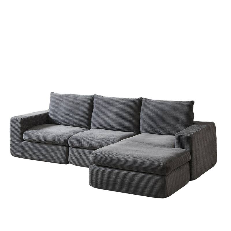 L-Shaped Sectional Sofa with Chaise Lounge, Corduroy Upholstered Boneless Couch, Module Corner Sofa with 3 Pillows