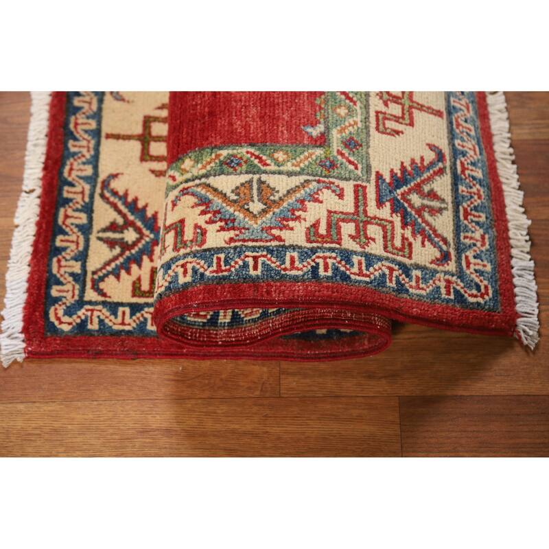 Geometric Red Kazak Oriental Rug Handmade Traditional Wool Carpet - 2'0" x 3'0"